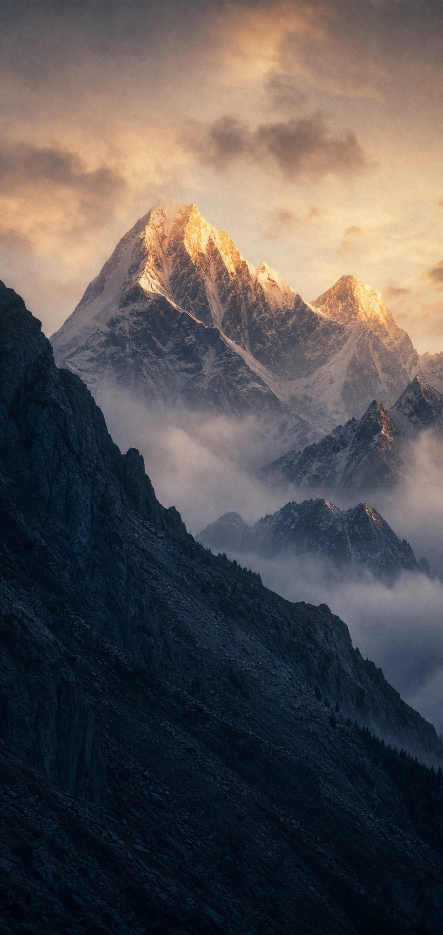 Alpine mountain landscape at dawn, the shaded north-facing ubac slope under copper morning light.